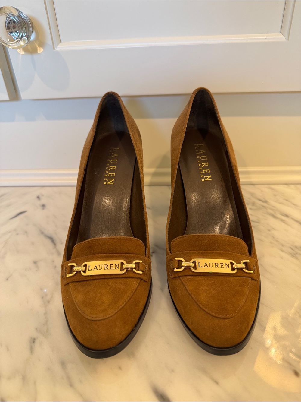 Lauren Ralph Lauren Tan Suede Loafers with Gold Plaque